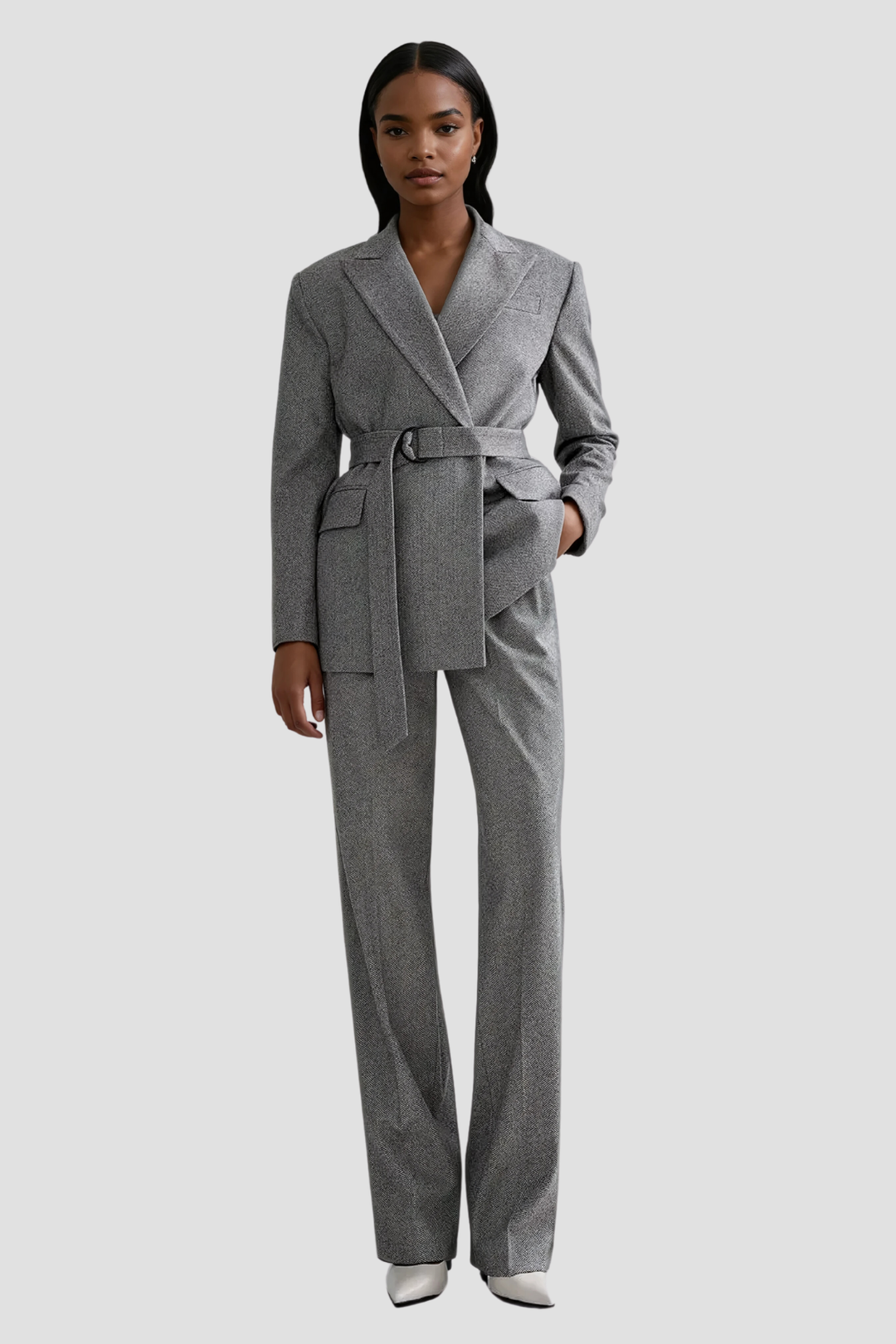 Anang Lapel Strapless Three Piece Pants Set In Grey - Celestia Couture