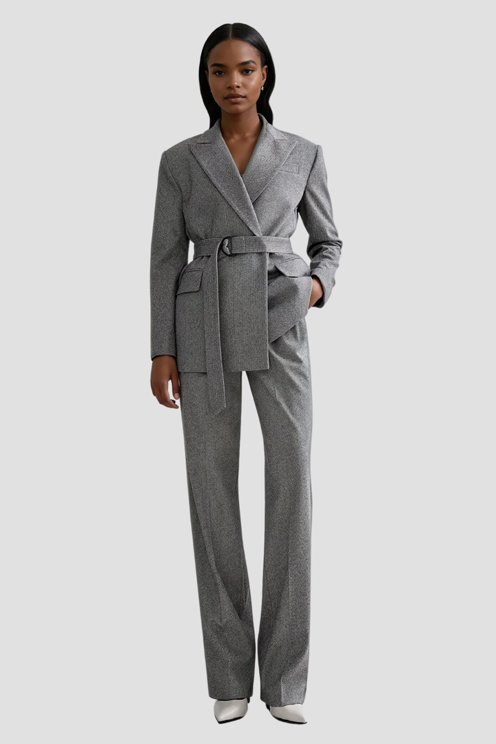 Anang Lapel Strapless Three Piece Pants Set In Grey - Celestia Couture