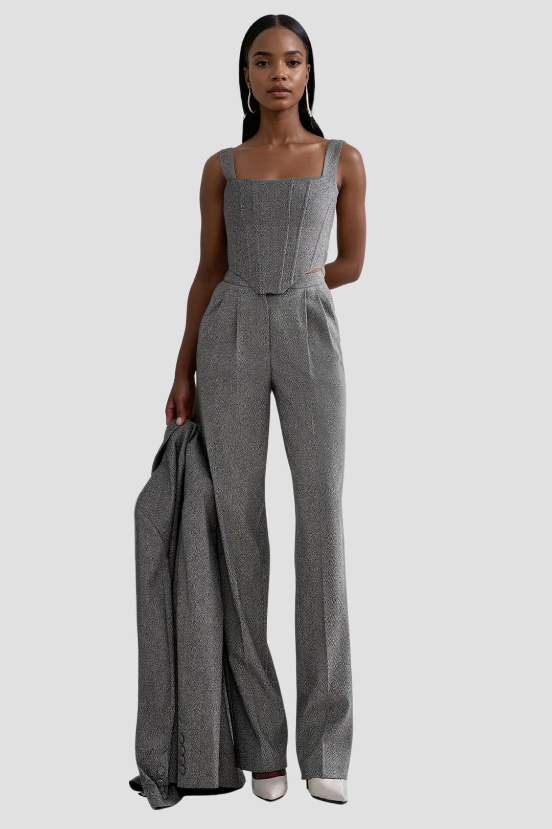 Anang Lapel Strapless Three Piece Pants Set In Grey - Celestia Couture