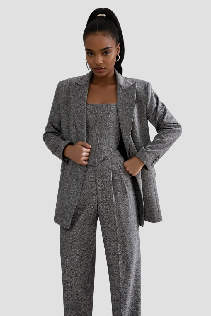 Anang Lapel Strapless Three Piece Pants Set In Grey - Celestia Couture