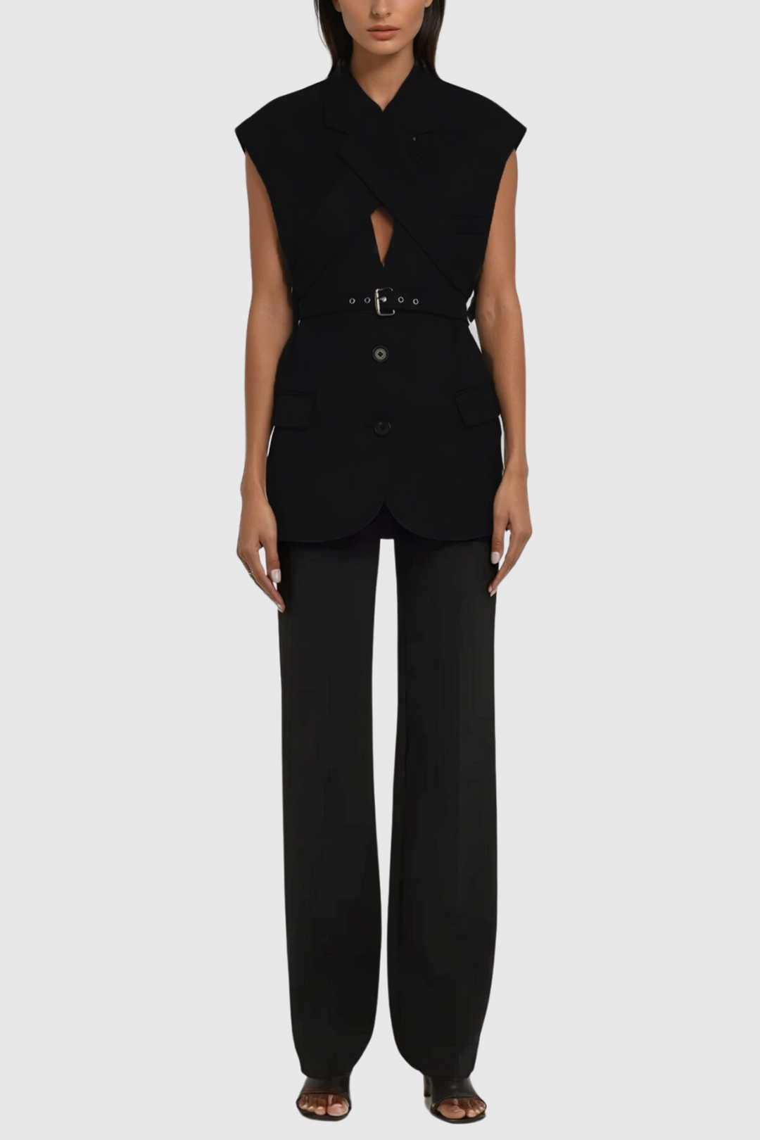 Andolina Cross Sleeveless Buckle Blazer - Celestia Couture