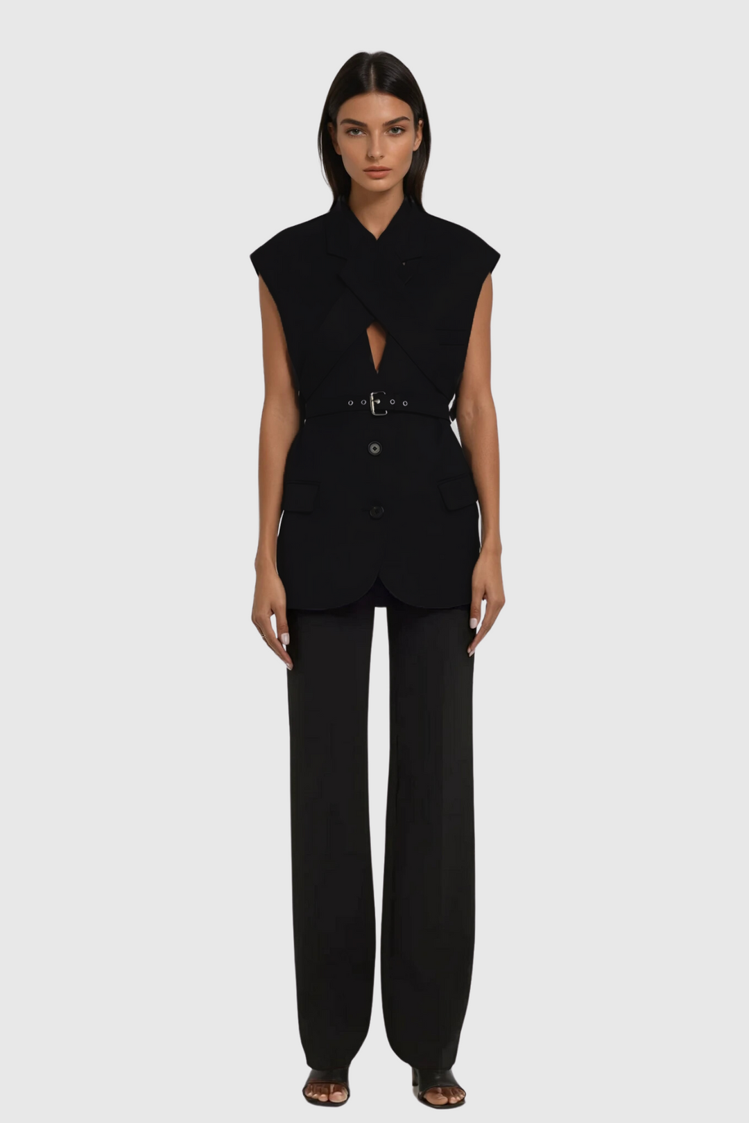 Andolina Cross Sleeveless Buckle Blazer - Celestia Couture