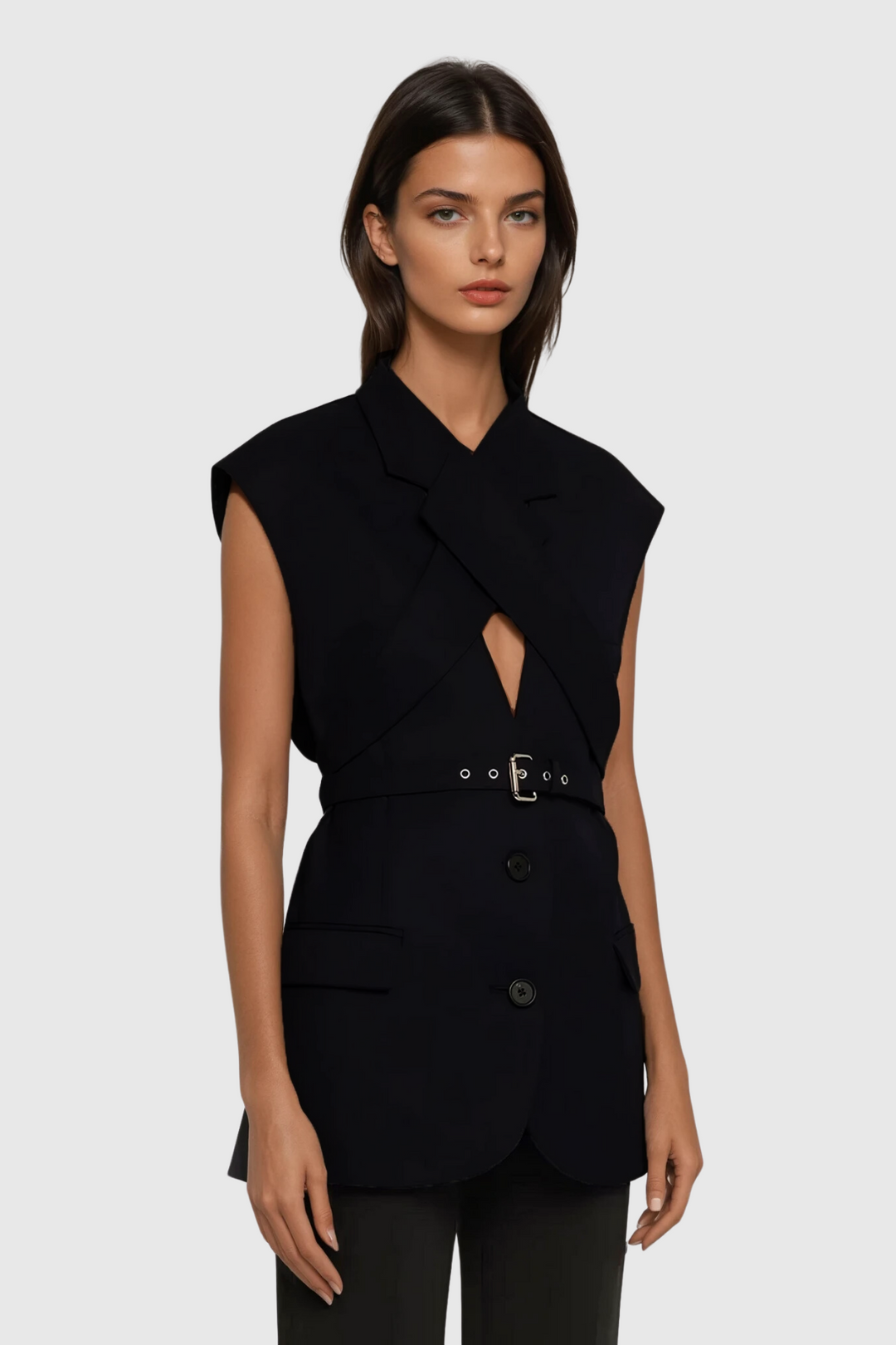 Andolina Cross Sleeveless Buckle Blazer - Celestia Couture