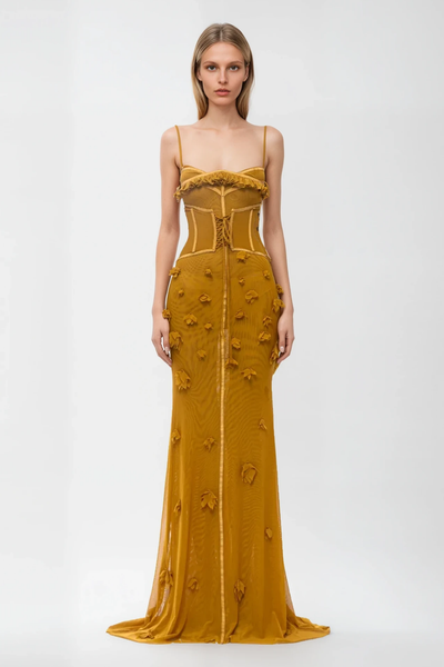 Anoush Flower Spaghetti Lace Up Maxi Dress