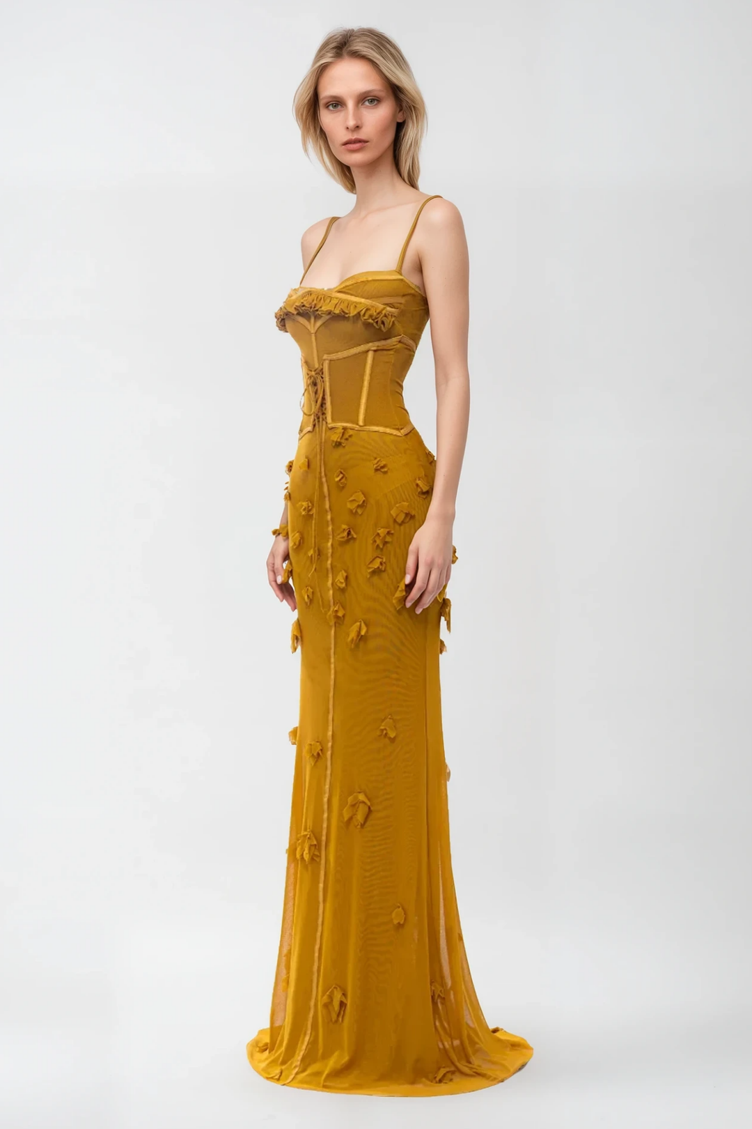 Anoush Flower Spaghetti Lace Up Maxi Dress