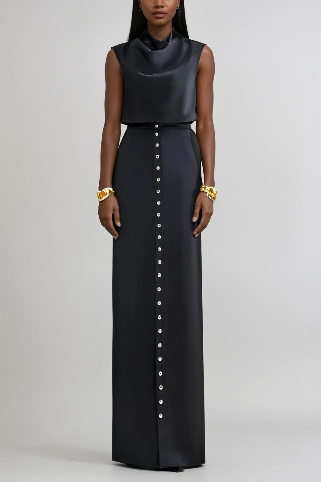 Anselm Button Sleeveless Skirt Set In Black - Celestia Couture
