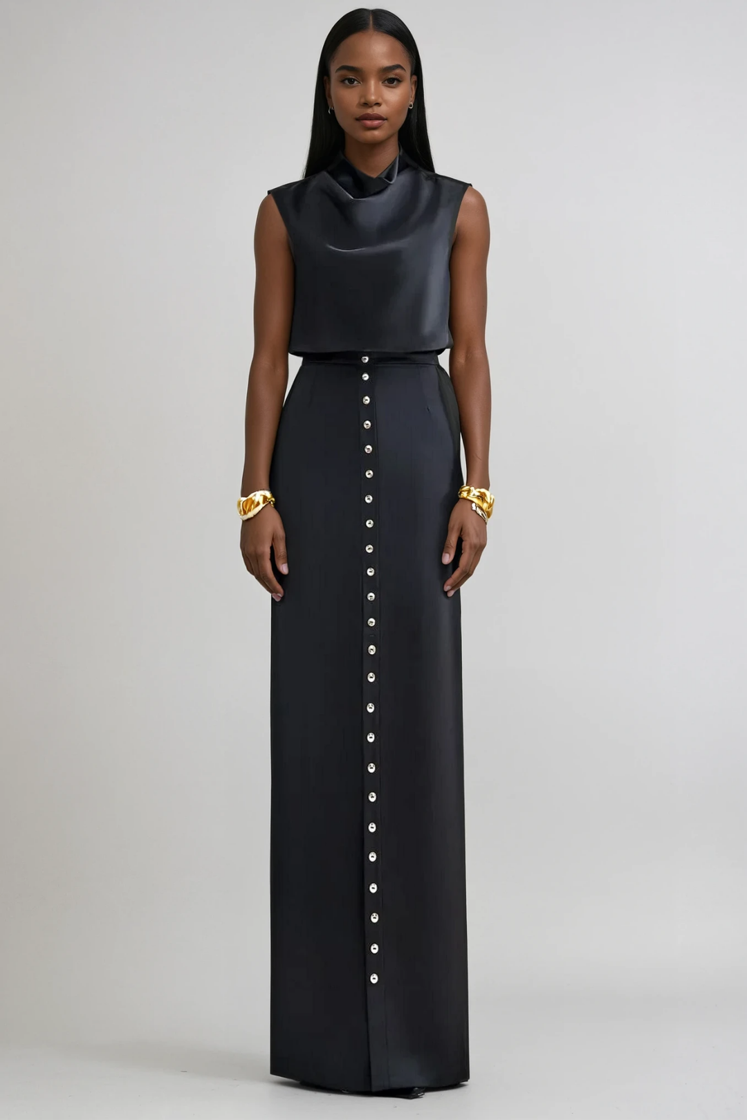 Anselm Button Sleeveless Skirt Set In Black - Celestia Couture