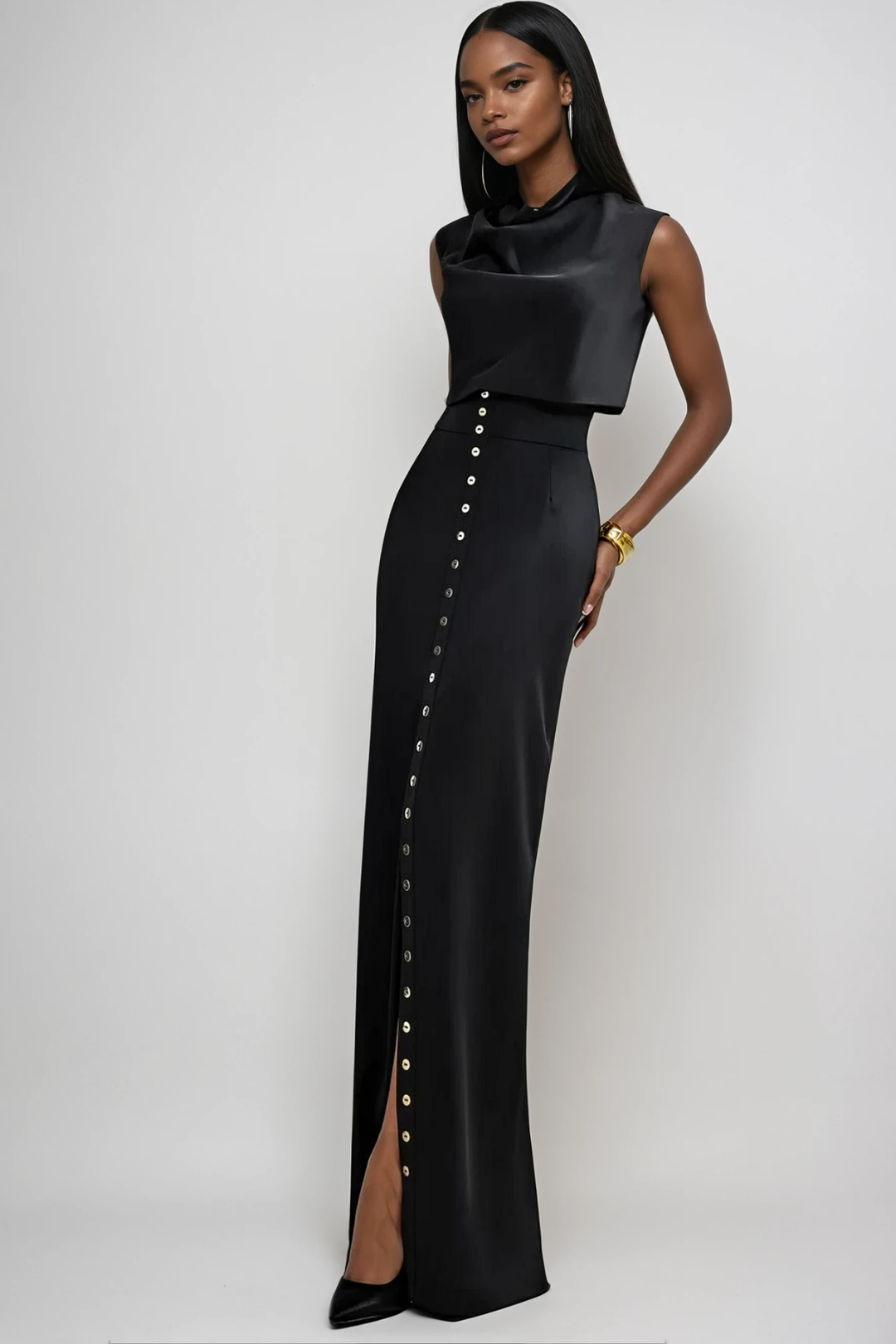 Anselm Button Sleeveless Skirt Set In Black - Celestia Couture