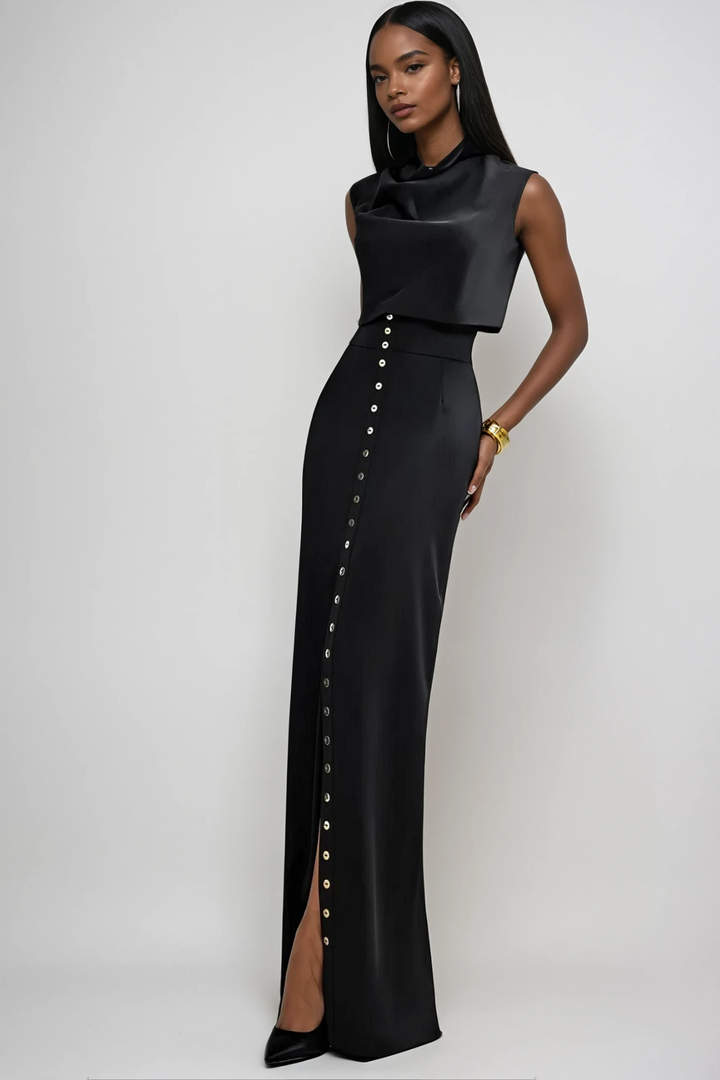Anselm Button Sleeveless Skirt Set In Black - Celestia Couture