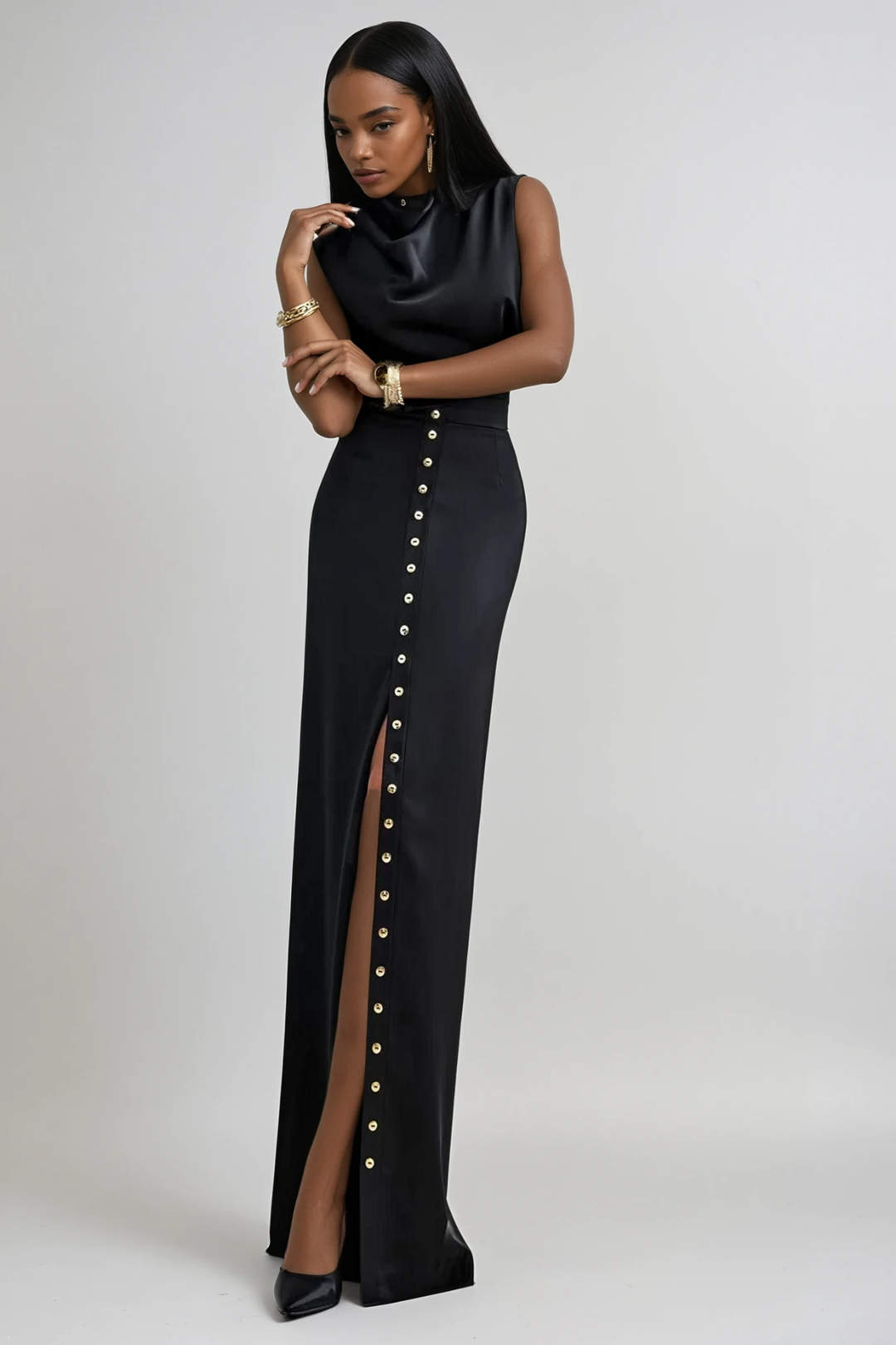 Anselm Button Sleeveless Skirt Set In Black - Celestia Couture