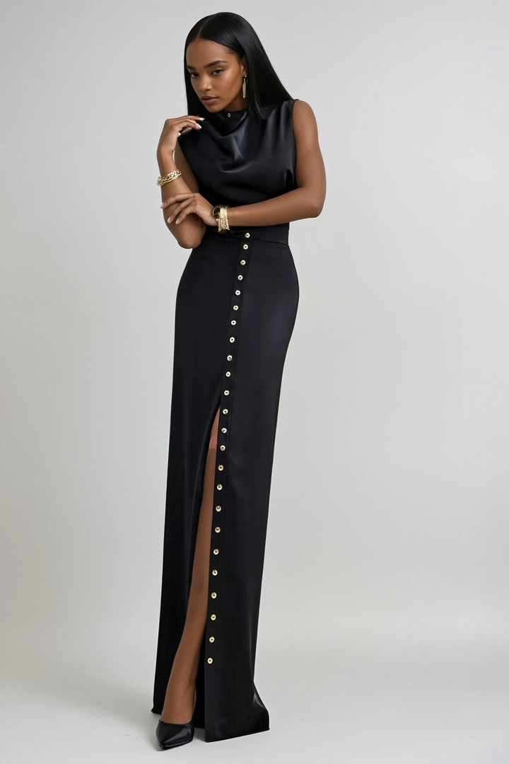Anselm Button Sleeveless Skirt Set In Black - Celestia Couture