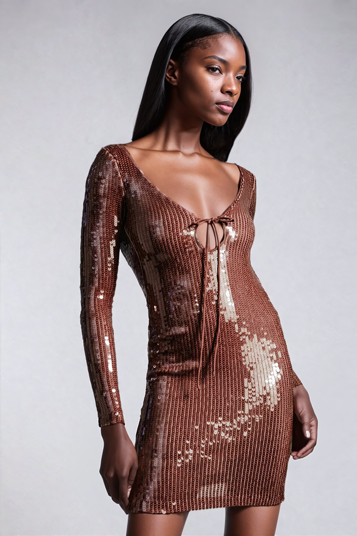 Aoibhe Long Sleeve Sequin Mini Dress In Brown - Celestia Couture