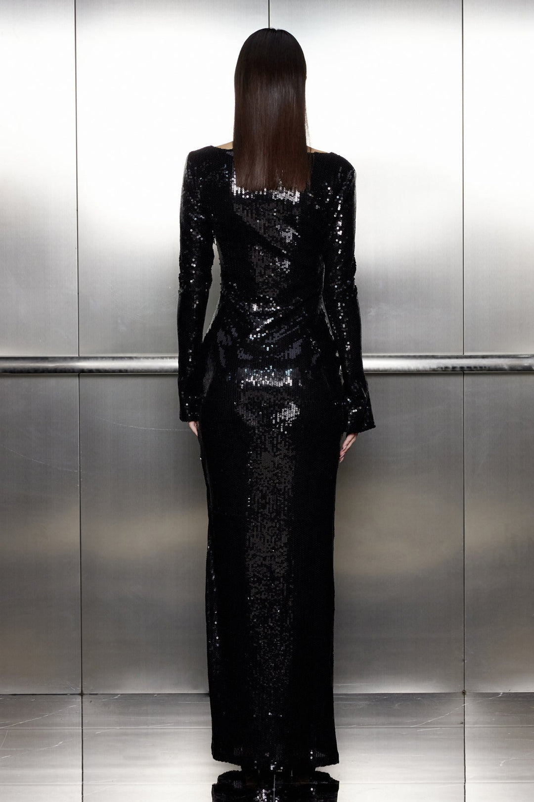 Aoibhe Sequin Long Sleeve Maxi Dress In Black - Celestia Couture