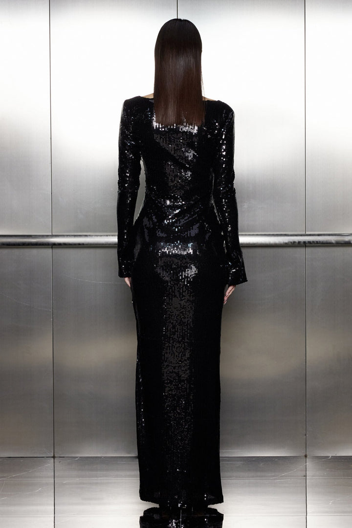 Aoibhe Sequin Long Sleeve Maxi Dress In Black - Celestia Couture