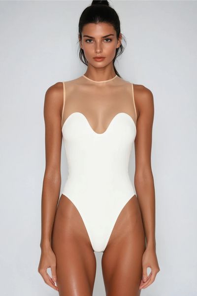 Aquamarine Sleeveless Mesh Bodycon Bodysuit In White