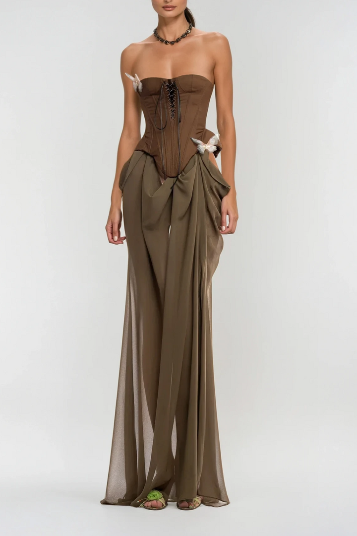 Ardelis Strapless Butterfly Lace Up Skirt Set - Celestia Couture
