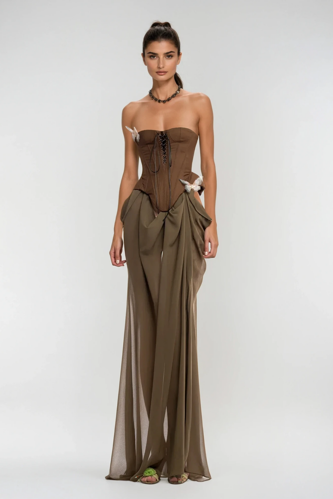 Ardelis Strapless Butterfly Lace Up Skirt Set - Celestia Couture