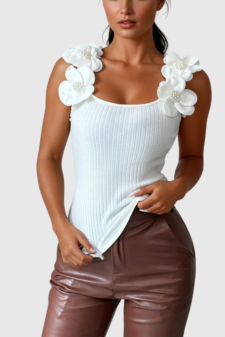 Arduin Flower Sleeveless Pearl Knit Top - Celestia Couture