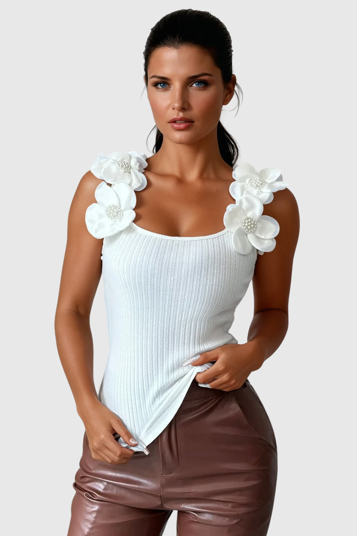 Arduin Flower Sleeveless Pearl Knit Top - Celestia Couture