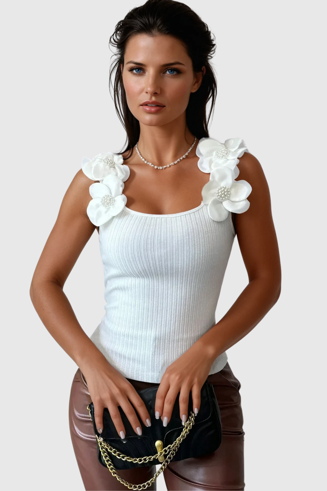 Arduin Flower Sleeveless Pearl Knit Top - Celestia Couture
