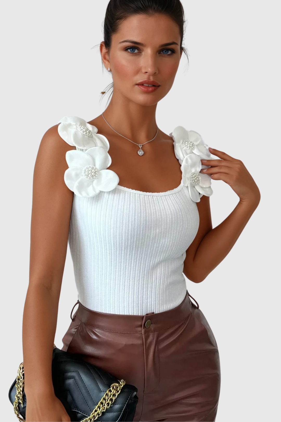 Arduin Flower Sleeveless Pearl Knit Top - Celestia Couture