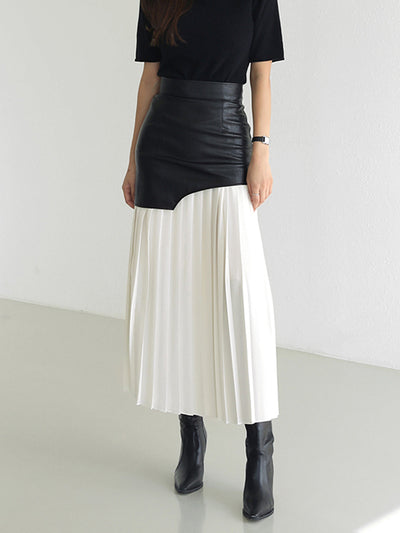 Asymmetric Patchwork Faux Leather Chiffon Pleated Maxi Skirt