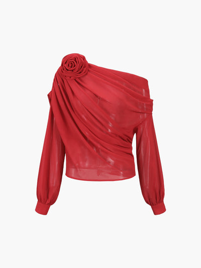 Chiffon Semi-Sheer One Shoulder Asymmetrical Blouse