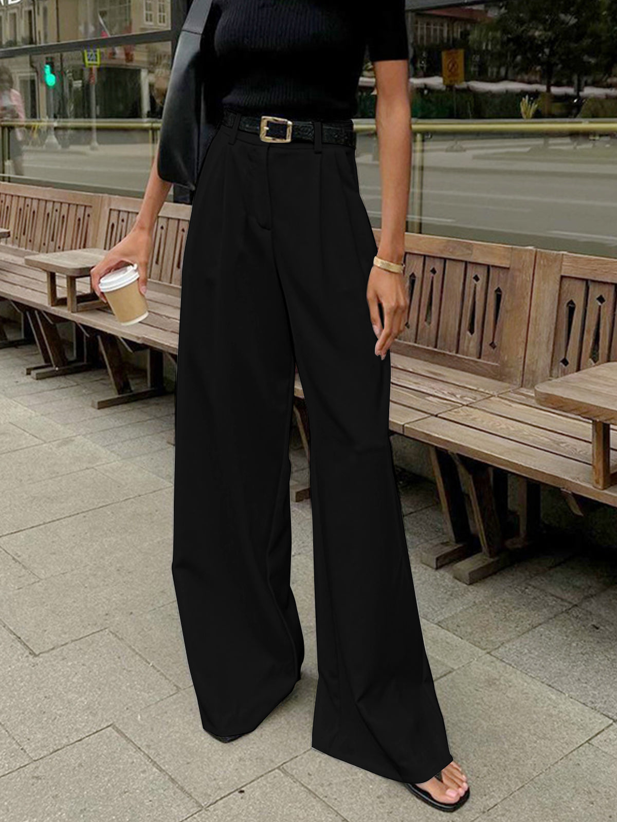 Solid Wide Leg Pants Without Belt - Celestial Couture
