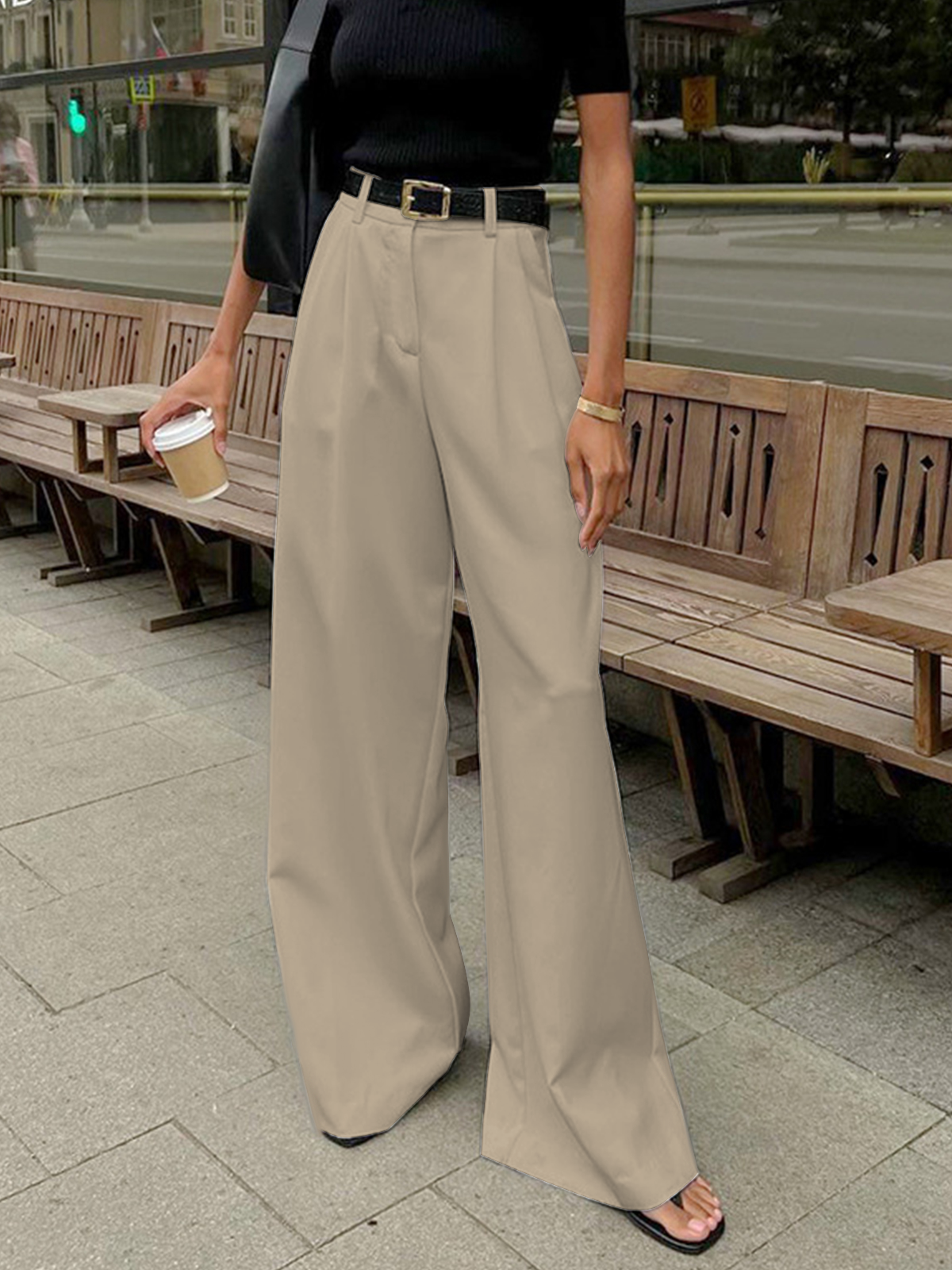 Solid Wide Leg Pants Without Belt - Celestial Couture