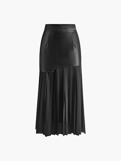 Asymmetric Patchwork Faux Leather Chiffon Pleated Maxi Skirt