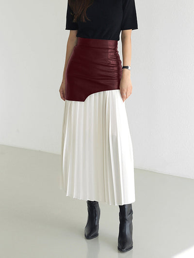 Asymmetric Patchwork Faux Leather Chiffon Pleated Maxi Skirt