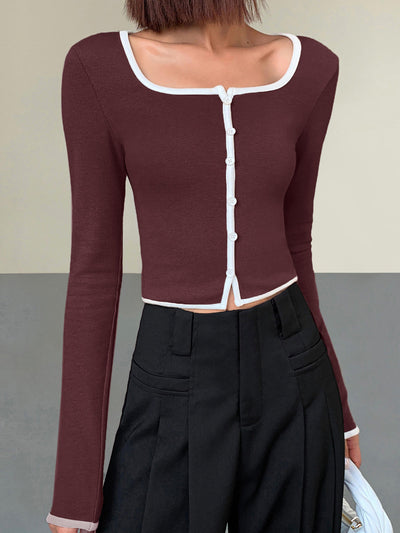 Square Neck Contrast Trim Long Sleeve Knit Shirt