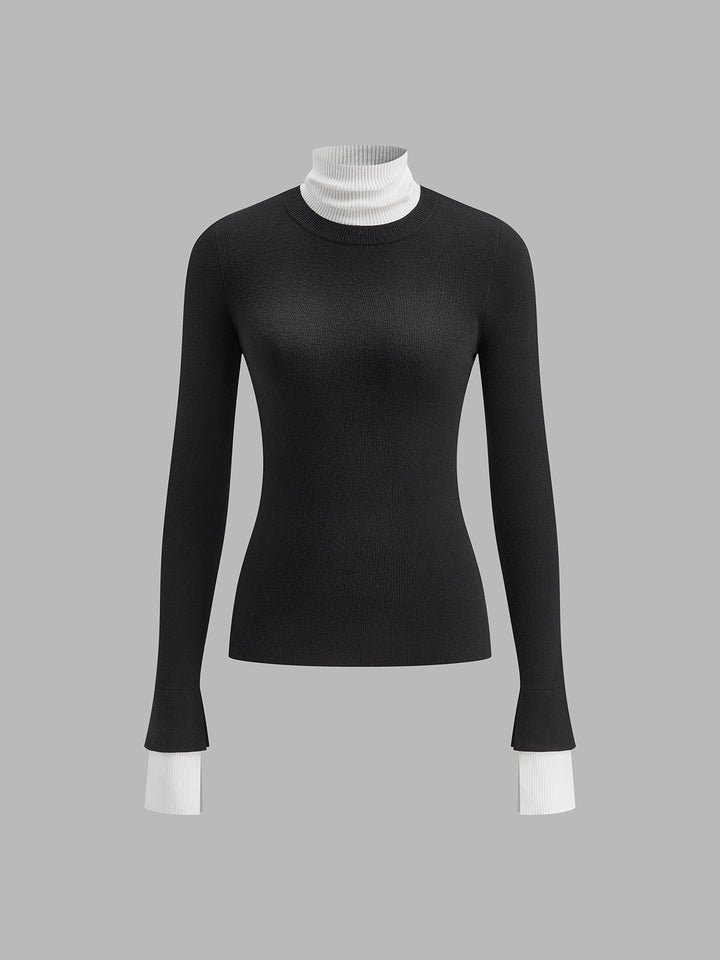 Color Block Turtleneck Knit Top