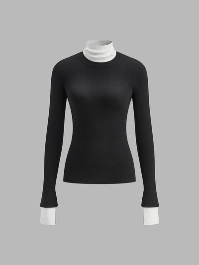 Color Block Turtleneck Knit Top