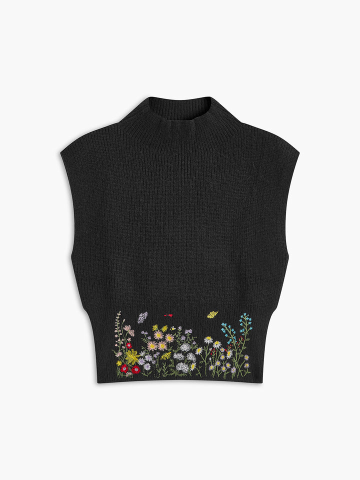Stand Collar Embroidery Floral Sweater Vest