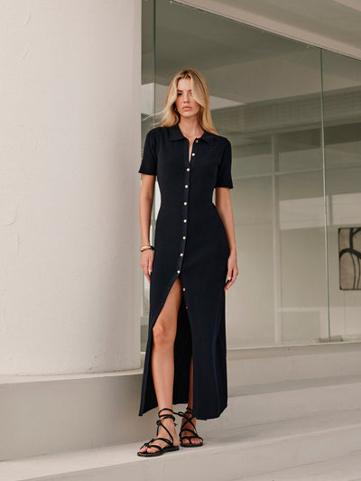 Metal Button Collar Midi Dress