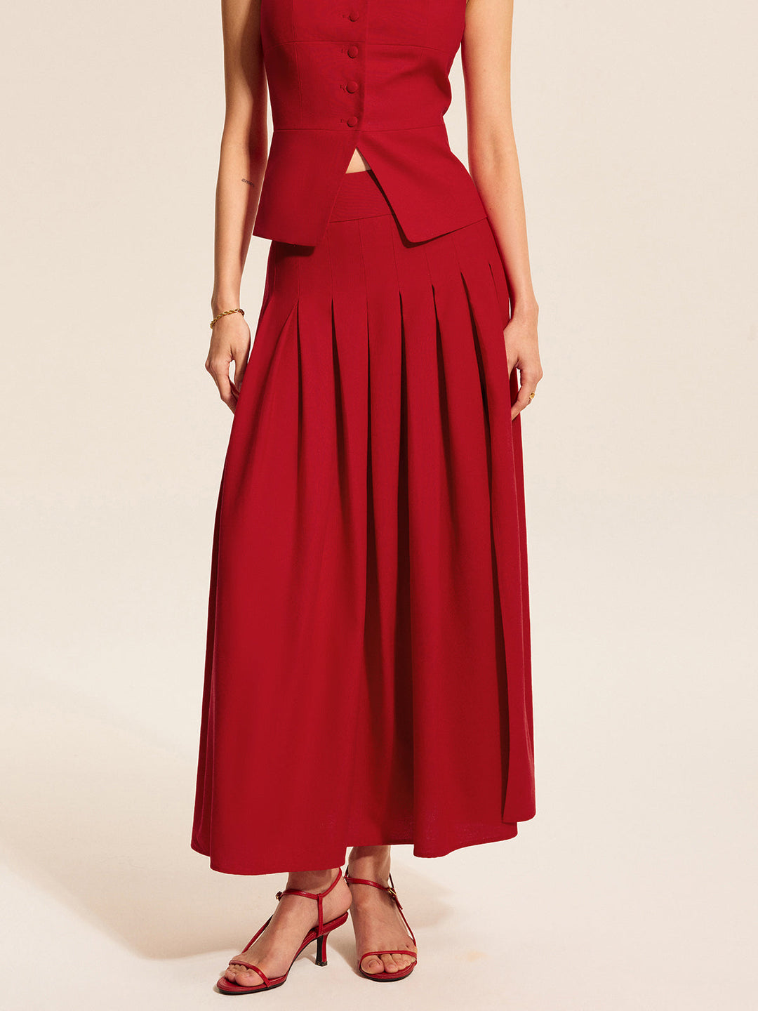 Cotton &amp; Linen Pleated Slit Skirt