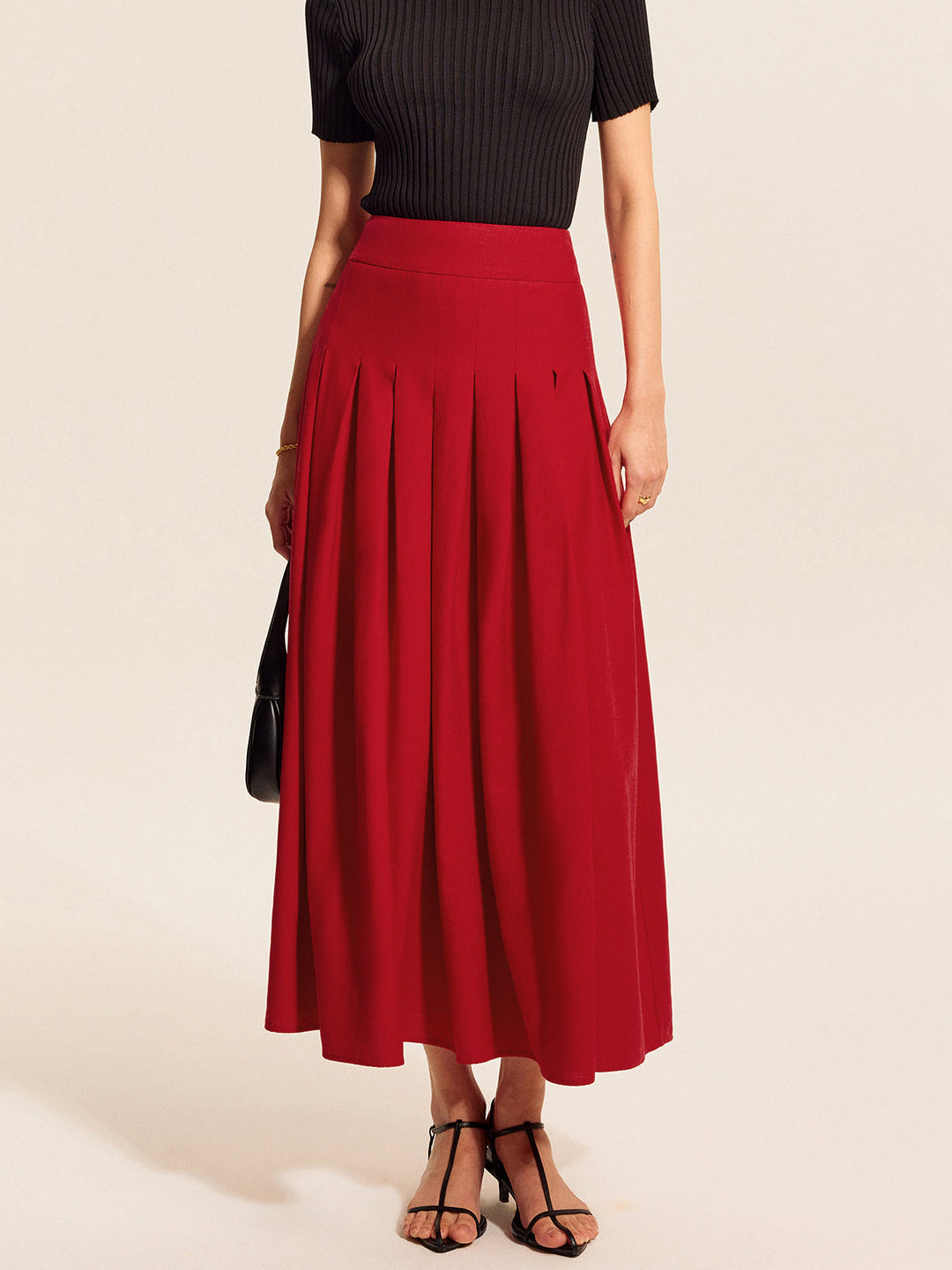 Cotton &amp; Linen Pleated Slit Skirt