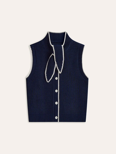 Tie Neck Contrast Trim Button Sweater Vest