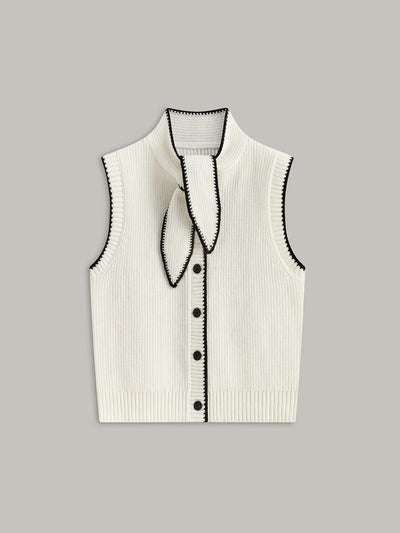 Tie Neck Contrast Trim Button Sweater Vest
