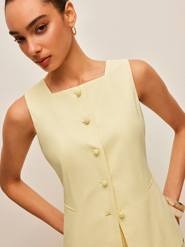 Cotton & Linen Tie-Back Vest With Pockets Pants Set