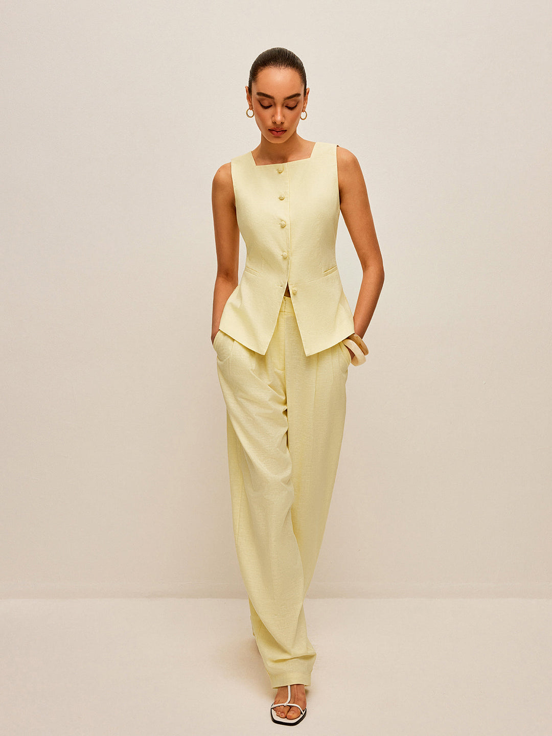 Cotton & Linen Tie-Back Vest With Pockets Pants Set