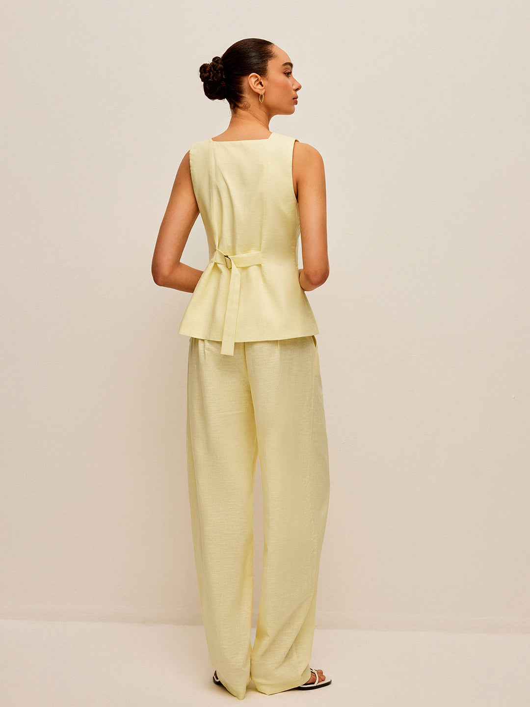 Cotton & Linen Tie-Back Vest With Pockets Pants Set