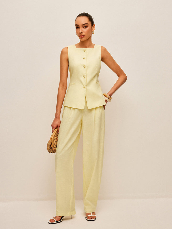 Cotton & Linen Tie-Back Vest With Pockets Pants Set