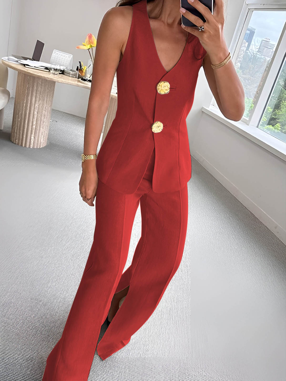 Button Split Sleeveless Pants Set