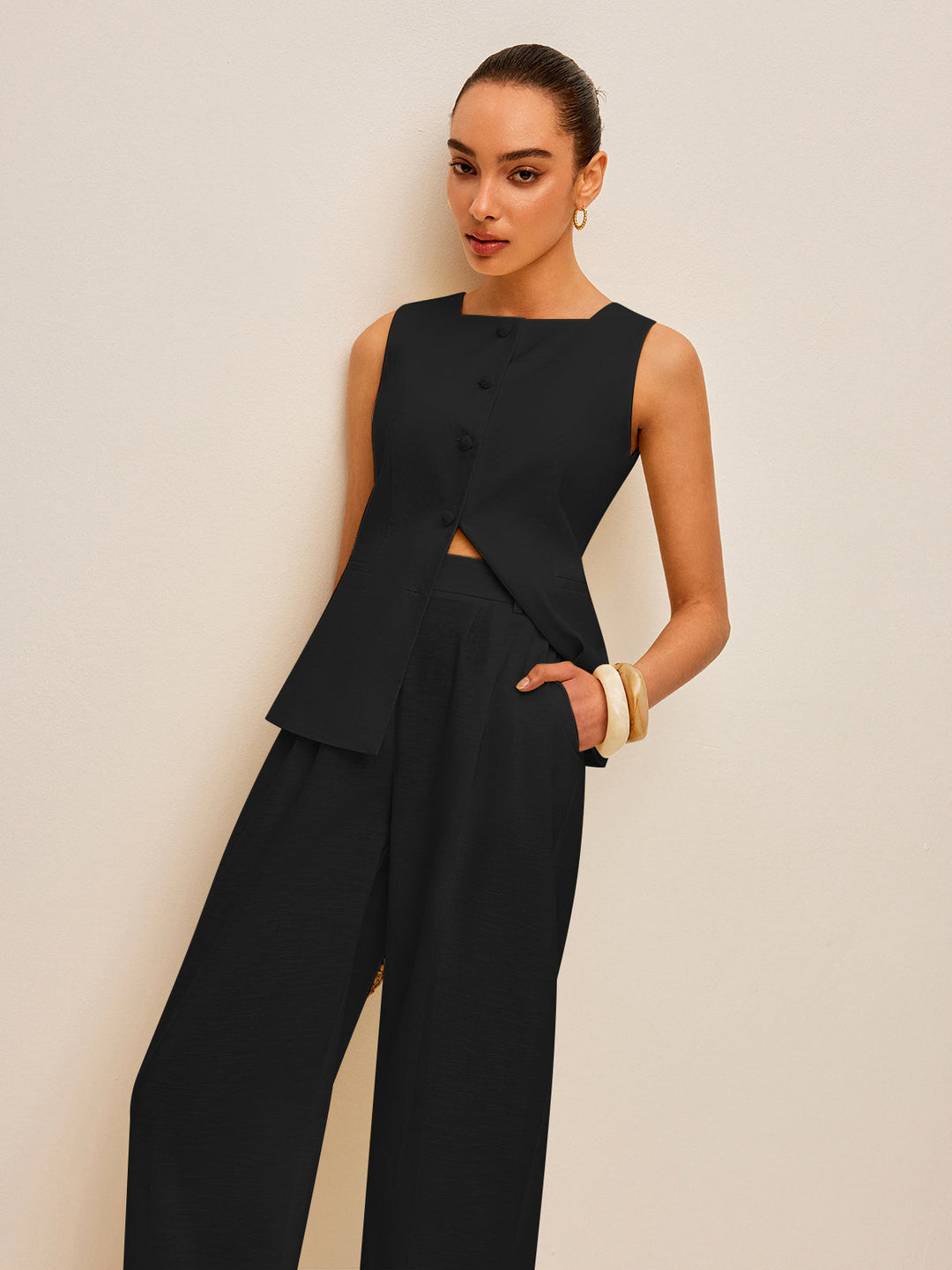 Cotton & Linen Tie-Back Vest With Pockets Pants Set