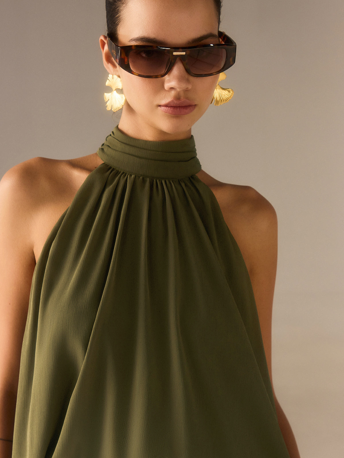 Semi-Sheer Halter-Neck Chiffon Long Top