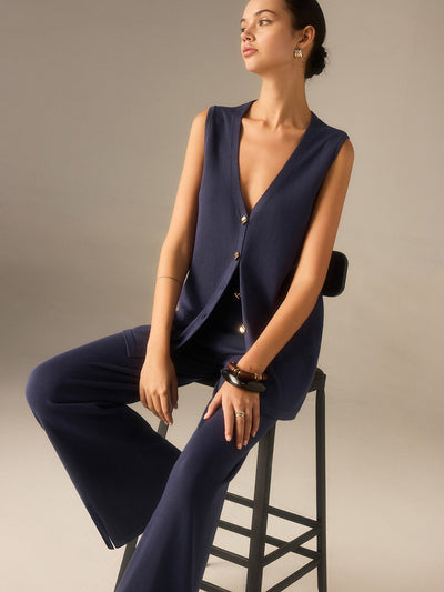Golden Button Knit Vest Pants Set