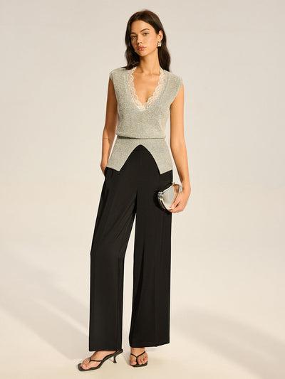 Lace-Trimmed Waist-Cinching Knitted Vest