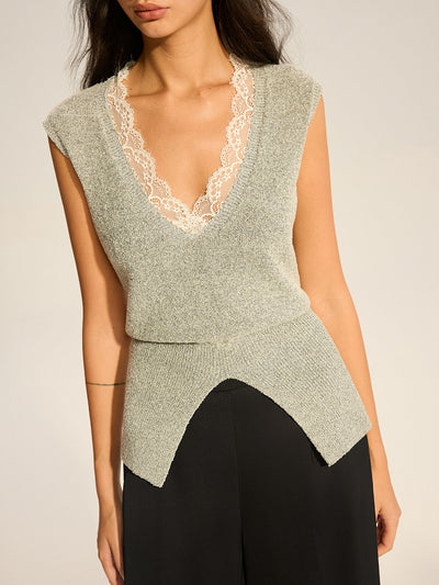 Lace-Trimmed Waist-Cinching Knitted Vest